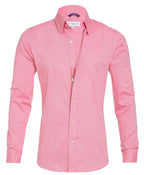 Pink stretch zip shirt with point collar, button-front, long sleeves, zipper pull