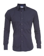 Dark navy stretch zip shirt with point collar, button-front, long sleeves