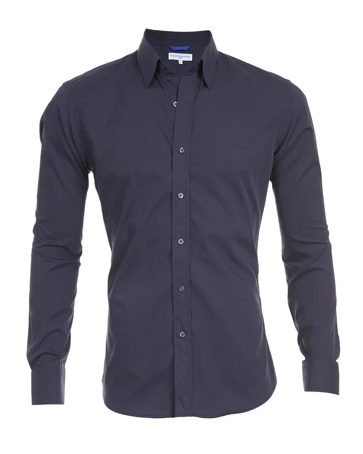 Dark navy stretch zip shirt with point collar, button-front, long sleeves