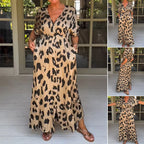 SARAHI casual summer dress, leopard print V-neck maxi with three-quarter sleeves