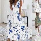 JULISSA sleeveless V-neck floral dress, white with blue flower print