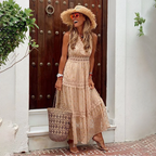JENESIS apricot tiered maxi dress with lace trim, sleeveless V-neck