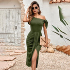Green off-shoulder slit dress with diagonal collar and tie sleeves