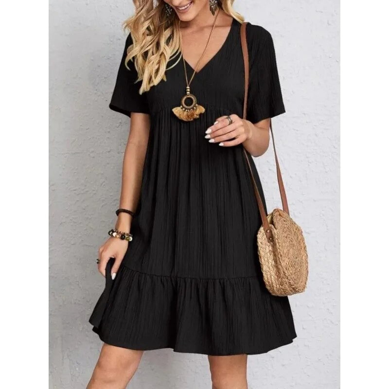Nanna™ V-neck tiered dress, black short sleeves with tiered skirt