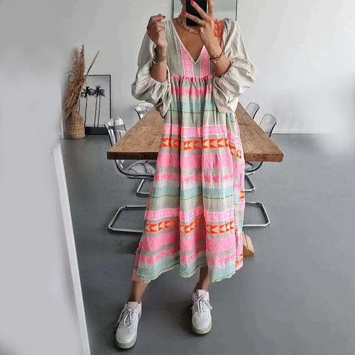 Pink summer dress with multicolor striped yoke and tiered skirt, long puff sleeves