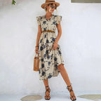 Beige floral summer dress with ruffled cap sleeves and tie waist