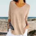 Gerda™ summer V-neck top, beige knit pullover with 3/4 sleeves