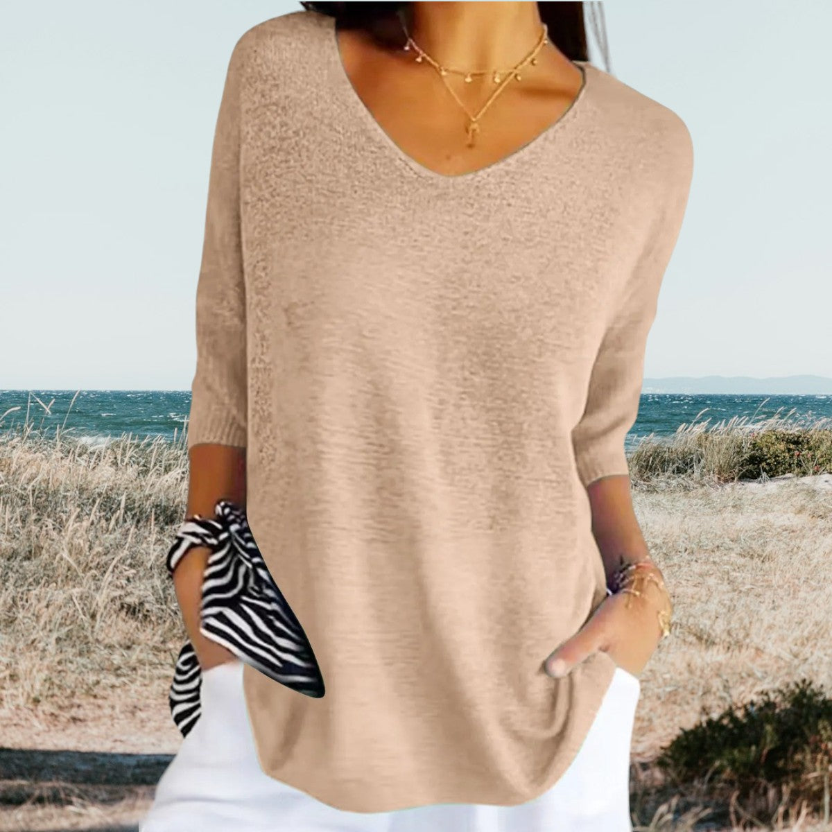 Gerda™ summer V-neck top, beige knit pullover with 3/4 sleeves