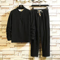 Men's tunic and drawstring pants set, black, long sleeves, button placket
