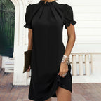 Black midi dress with puff sleeves and gathered neckline