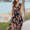 Black floral sleeveless maxi dress with V-neck and embroidered lace trim