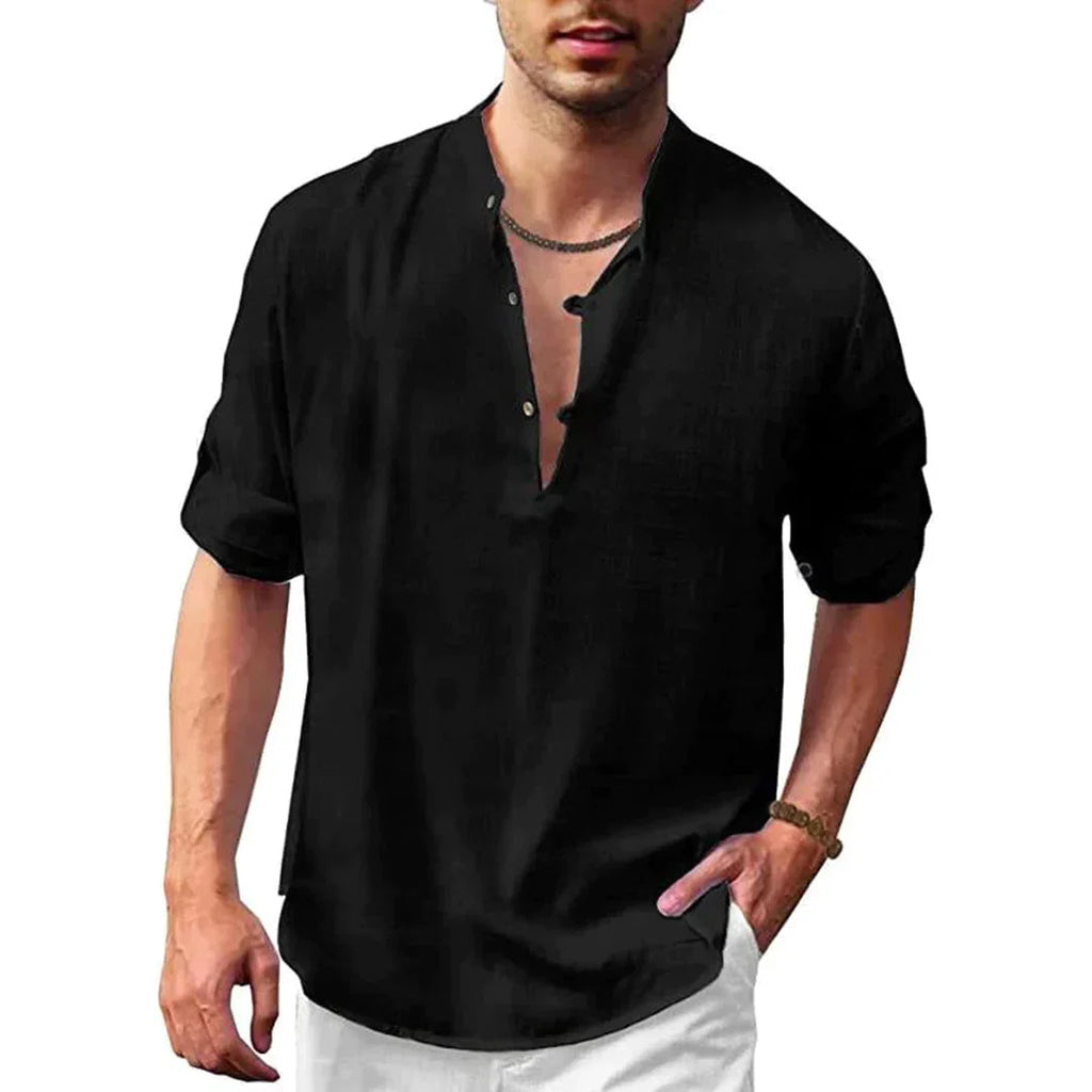 Men's short-sleeve henley shirt, black with button placket