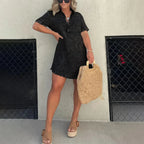 SAMIRA casual dress, dark textured fabric, short sleeves, button-front V-neck