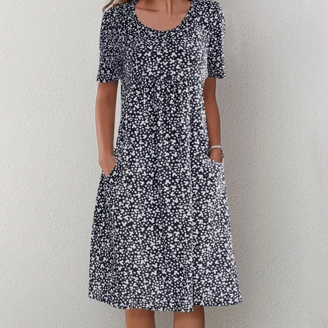 Black casual floral dress with short sleeves and round neckline, midi length