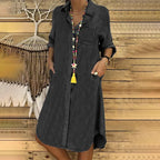 BRIANNA stylish spring dress, dark long tunic with front pocket and three-quarter sleeves