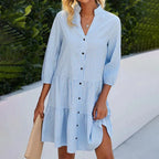 Light blue check summer dress with V-neck, button front, 3/4 sleeves, tiered skirt
