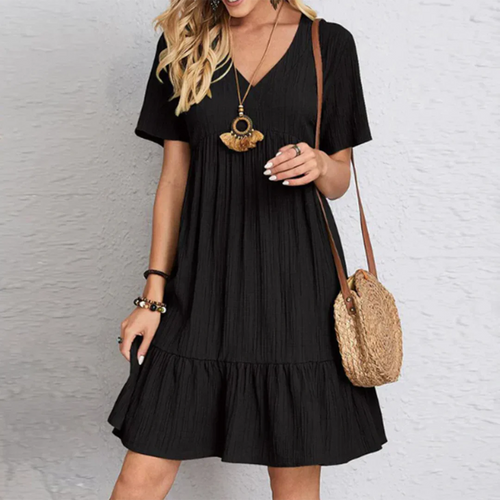 Black tiered V-neck casual dress with short sleeves and ruffle hem