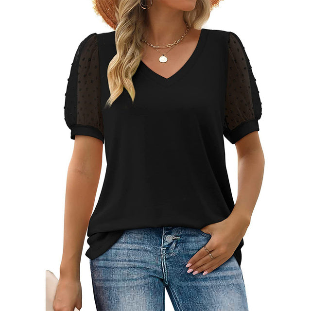 Amy™ V-neck top, black with short puff sleeves and sheer dotted shoulder sleeves