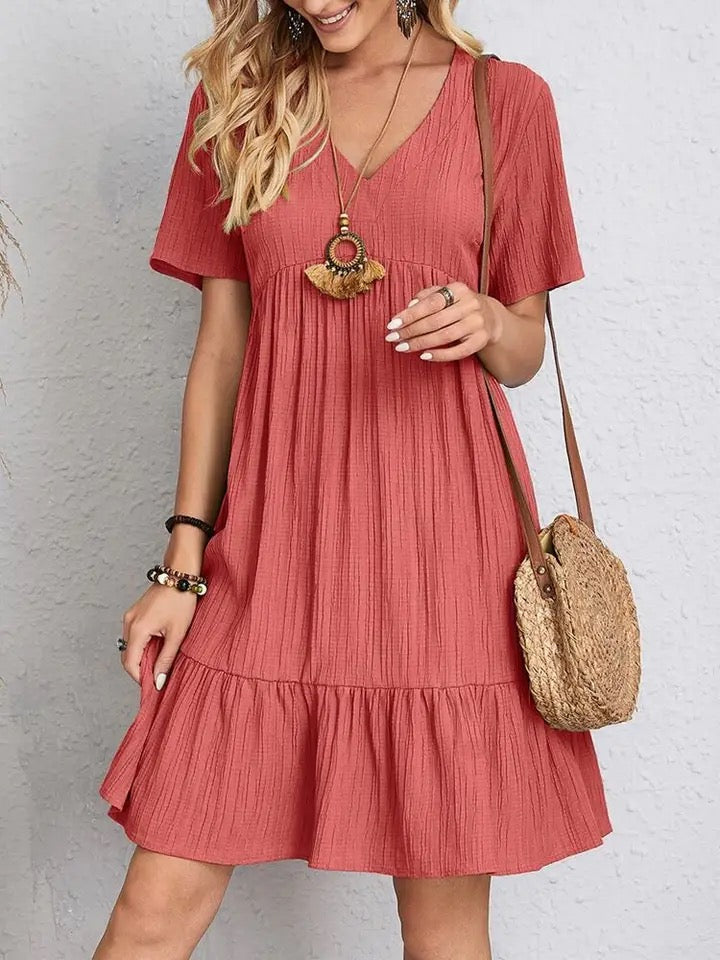 Nanna™ V-neck tiered dress, red short sleeves with tiered hem