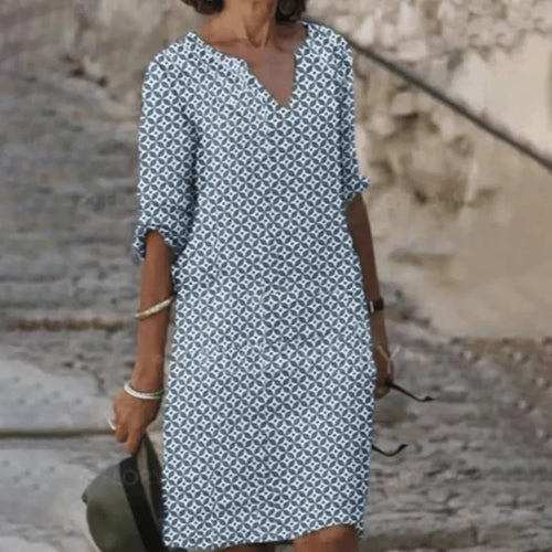 NORA elegant dress, blue patterned V-neck with 3/4 sleeves