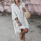 HERMINE relaxed loose dress, white button-front with long sleeves and tied waist