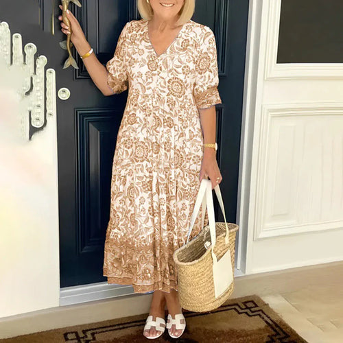 BRONYA elegant V-neck midi dress with short sleeves, light beige floral pattern