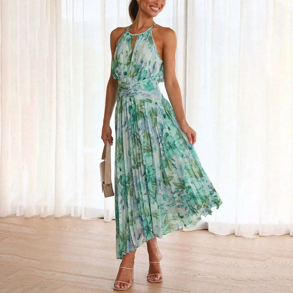 GUNILLA floral maxi dress in green blue, sleeveless with gathered neckline
