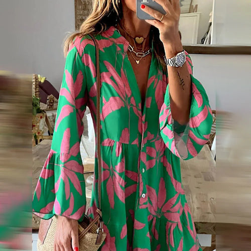 Green boho midi dress with pink leaf print, button front, long bishop sleeves