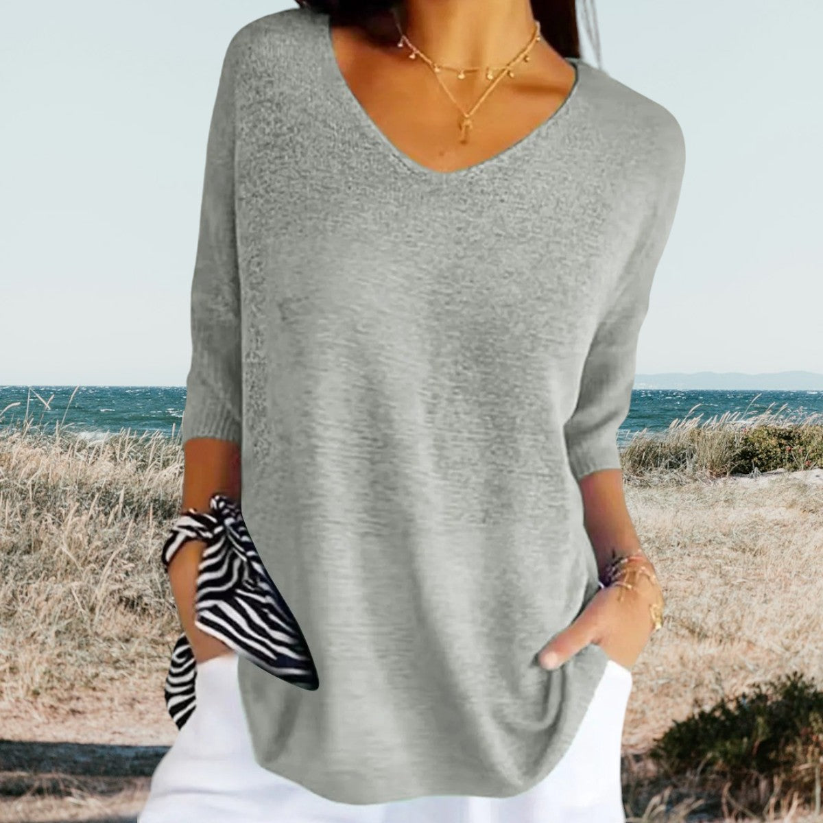 Gerda™ summer V-neck top, gray knit pullover with 3/4 sleeves