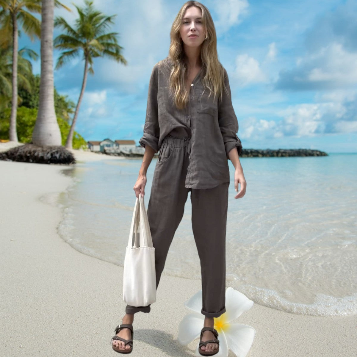 Eline™ summer two-piece set, charcoal button-front top with drawstring pants