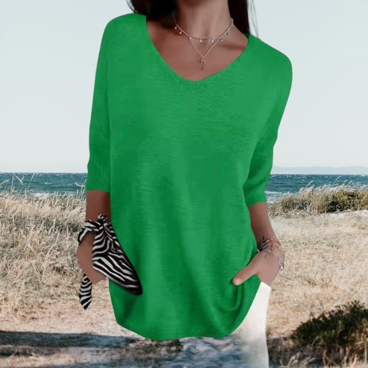 Gerda™ summer V-neck top, green knit pullover with 3/4 sleeves