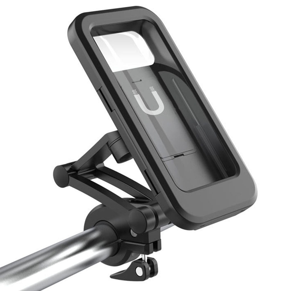 Black universal phone holder with adjustable clamp arms and pivoting screen cradle