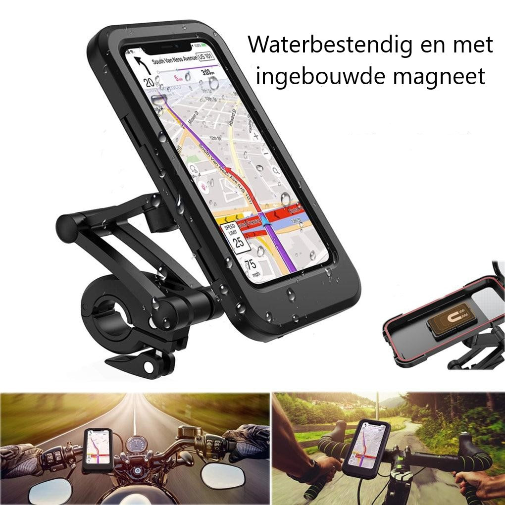 Black universal phone holder with sealed case and phone cradle, water-resistant design