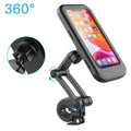 Black universal phone holder with adjustable handlebar clamp and pivoting cradle