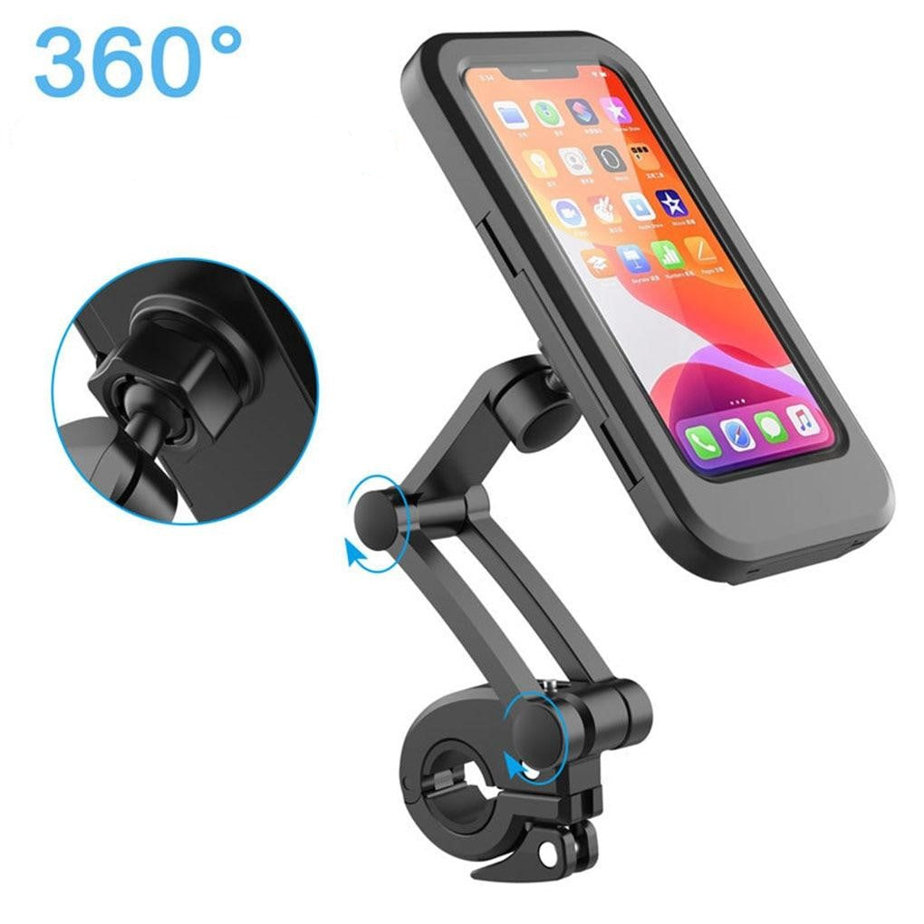 Black universal phone holder with adjustable handlebar clamp and pivoting cradle