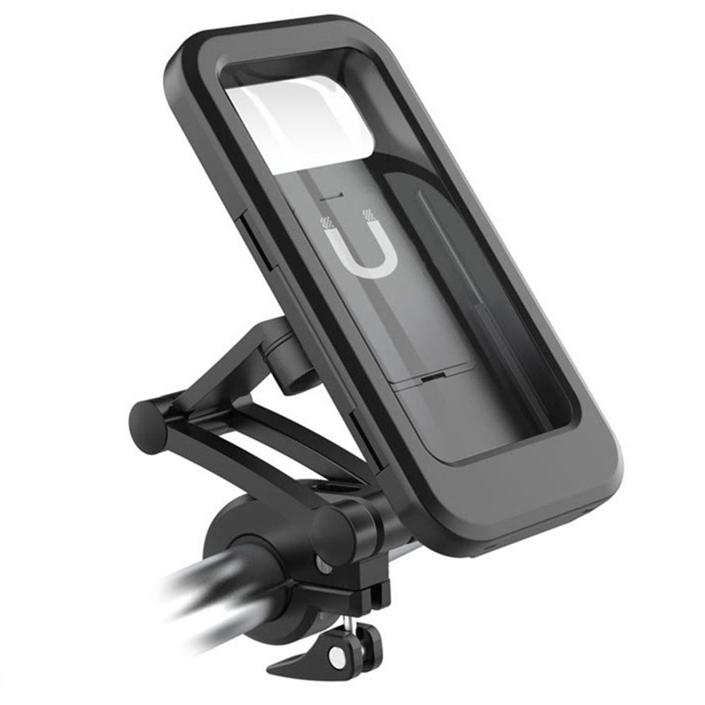 Black universal phone holder with protective case window and handlebar mounting bracket