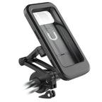 Black universal phone holder with protective case window and handlebar mounting bracket