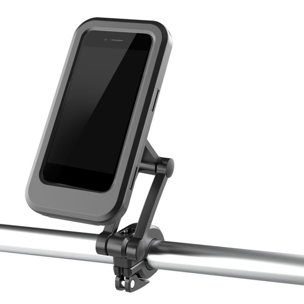 Black universal phone holder mounted on handlebar with protective screen cover