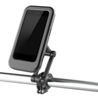 Black universal phone holder mounted on handlebar with protective screen cover