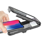 Black universal phone holder with open clamp cradle, shown with hand adjusting