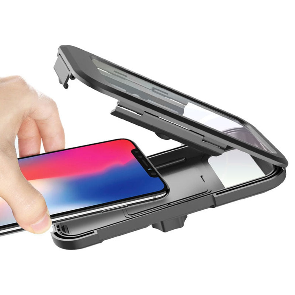 Black universal phone holder with open clamp cradle, shown with hand adjusting
