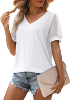 Amy™ V-neck top, white with short puff sleeves and sheer dotted sleeves