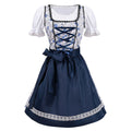 Oktoberfest dress in dark blue with white puff sleeves, lace trim and corset lacing