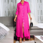 Hot pink button-front midi summer dress with V-neck, 3/4 sleeves and side slit