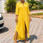 Mustard yellow button-front maxi dress with V-neck, 3/4 sleeves and side slit