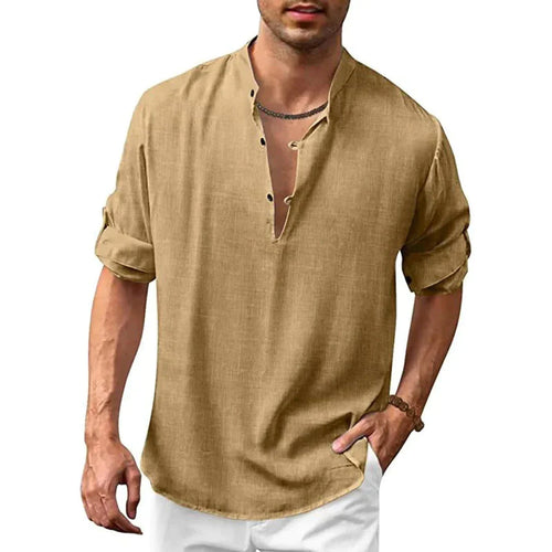 Men's short-sleeve henley shirt, khaki with button placket