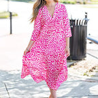 KALI long dress in pink leopard print, V-neck, short sleeves, flowy midi length