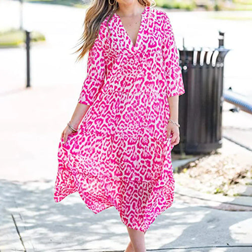 KALI long dress in pink leopard print, V-neck, short sleeves, flowy midi length