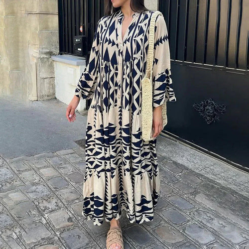 Geometric maxi dress in navy and cream with long sleeves, loose fit