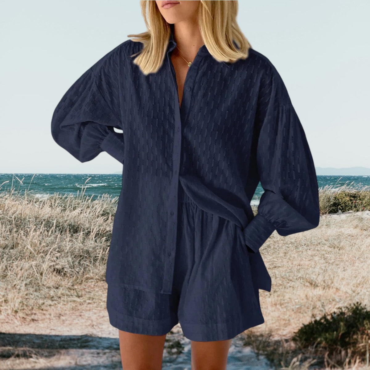 Navy button-front shirt and drawstring-waist shorts set with puff sleeves
